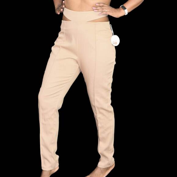 Camila Coelho Pants Tan Taupe Waist Cutouts High Waisted Tapered Trouser Medium - Picture 13 of 13
